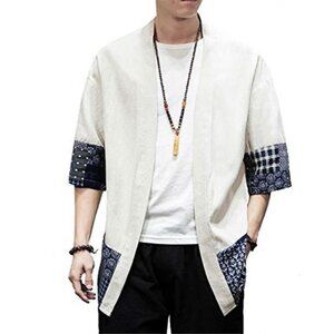 Mens Kimono Jacket Cardigan Lightweight Casual Cotton Linen Open Front Outwear